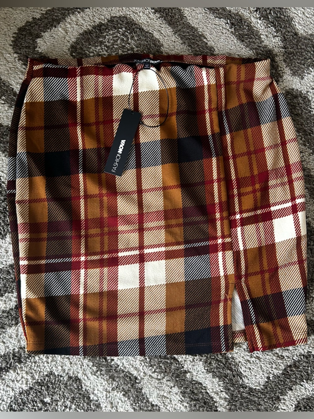 Fashion Nova Plaid Mini Skirt in Mustard, Burgundy & Black